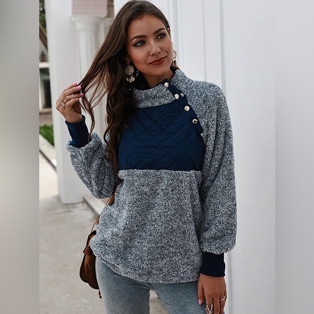 Famulily Women's Long Sleeve Asymmetrical Snap Neck Fleece Pullover Tops Sweater